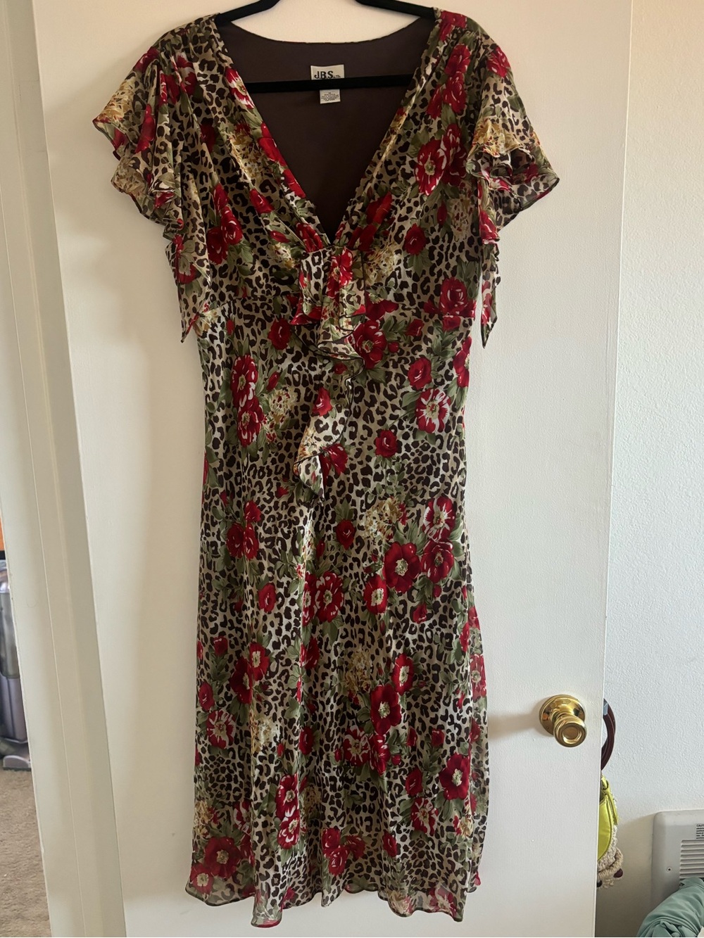 Vintage J.B.S. Floral Leopard Print Ruffle Midi Dres